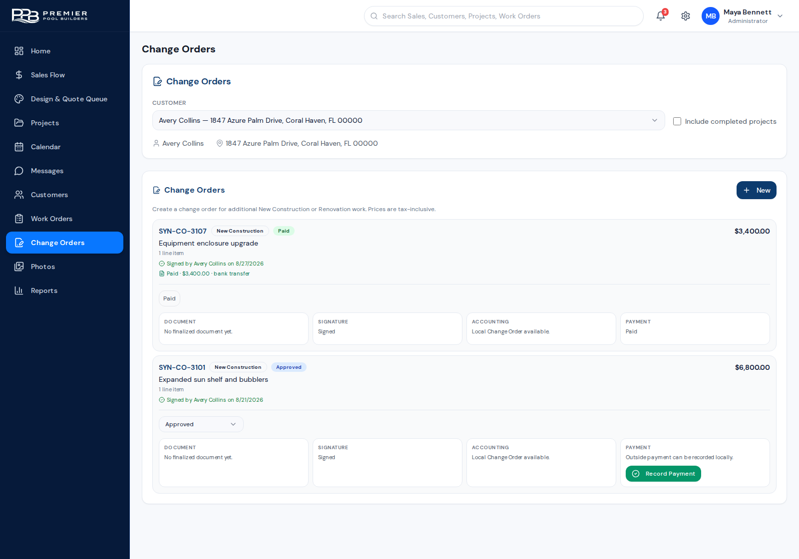 Change order management screen with approval and payment statuses