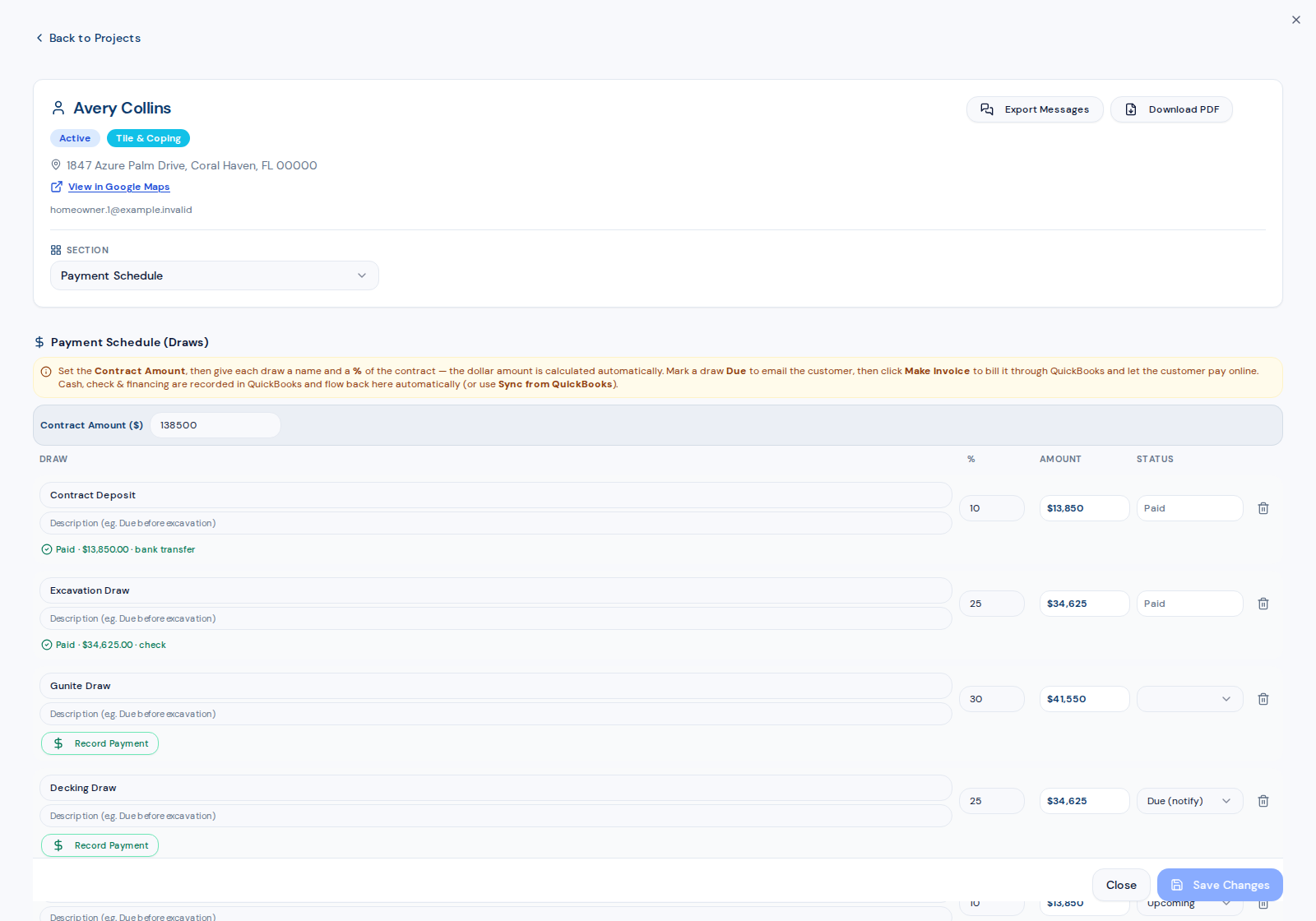 Project payment schedule with construction draws and payment statuses